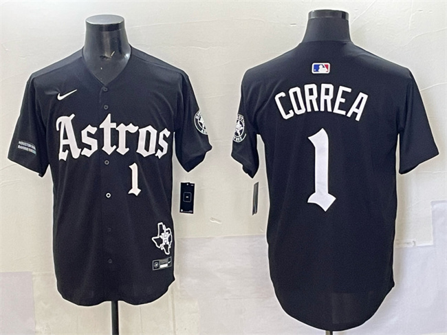 Men's Houston Astros #1 Carlos Correa Black Gothic 'Houston Born Barrio Raised' Limited Stitched Baseball Jersey Men's Houston Astros #1 Carlos Correa Black Gothic 'Houston Born Barrio Raised' Limited Stitched Baseball Jersey